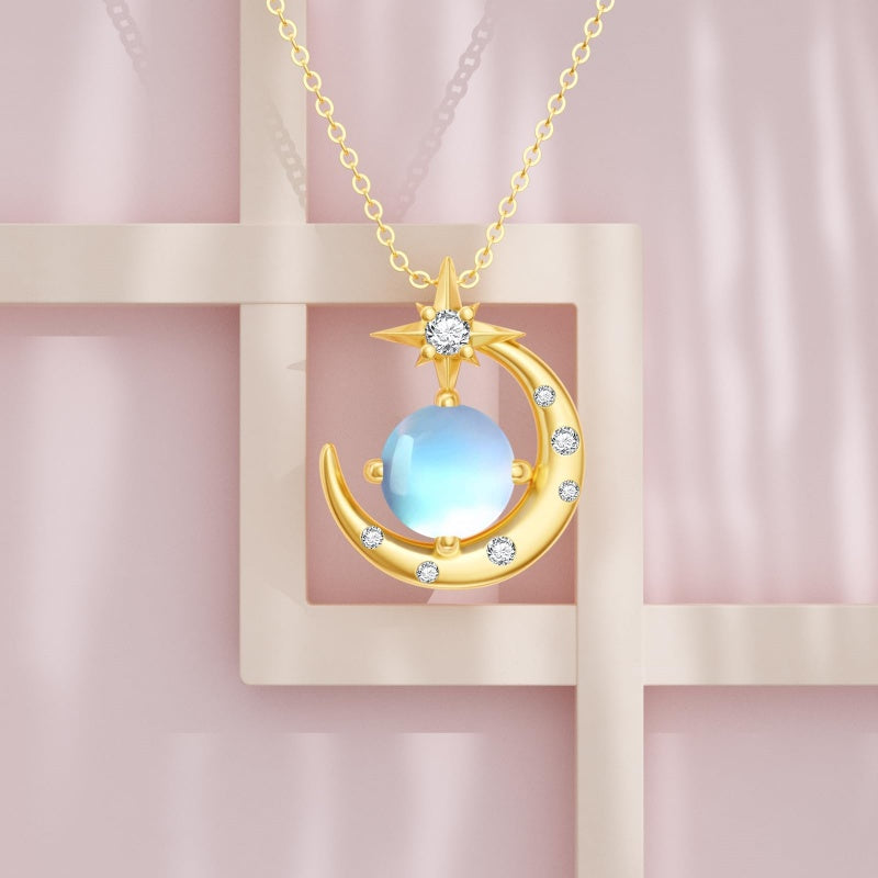 10K 14K 18K Yellow Gold Moonstone Moissanite Moon and Star Necklace Birthday Anniversary Jewelry Gift for Her