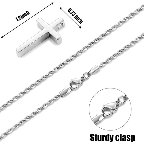 Sterling Silver Cross Pendant Necklace with Stainless Steel 2.5mm Rope Chain