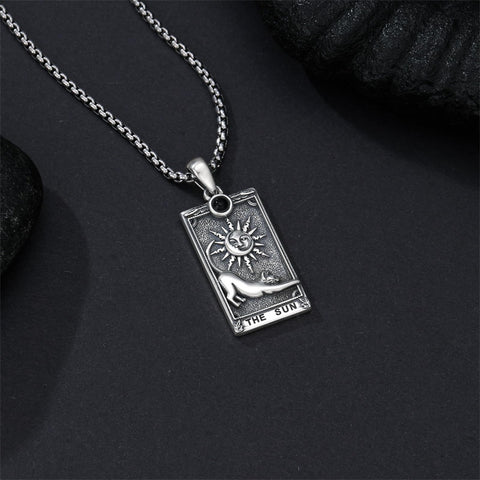 Sterling Silver Obsidian Lover Justice Cat Sun Moon Tarot Card Pendant Necklace