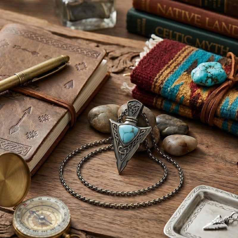 14K Gold Plated Moss Agate Turquoise Valknut Viking Arrow Head Pendant Necklace for Men