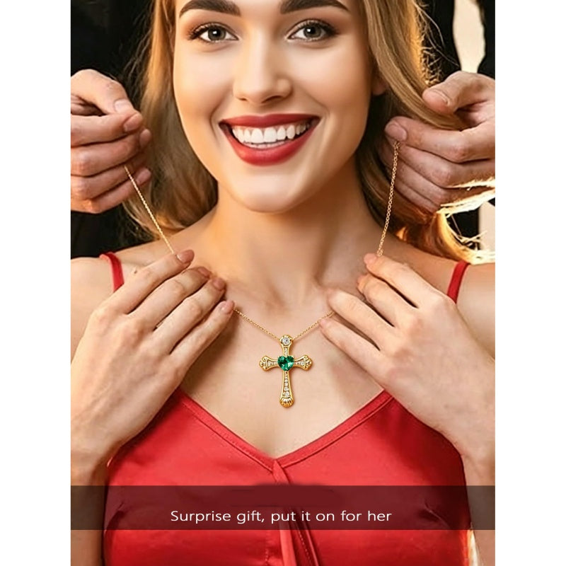 14K Gold Plated Heart Cut Cubic Zirconia Cross  Pendant Necklace For Women Religious Faith Jewelry