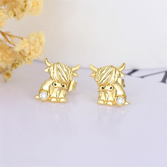 14K Real Gold Highland Cow Earrings for Women,Yellow Gold Heart Cattle Stud Earrings Jewelry Anniversary Birthday Gifts for Her