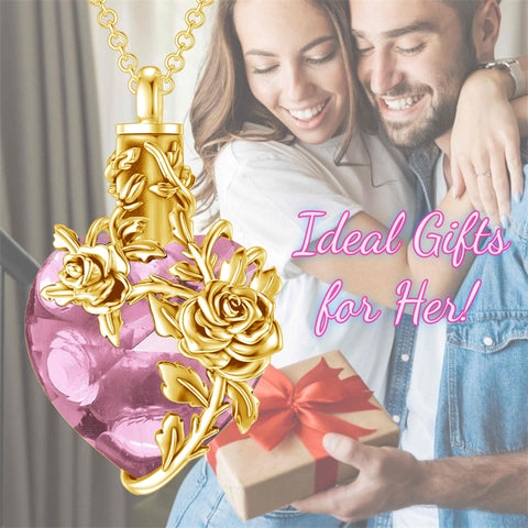 Sterling Silver Heart Crystal Rose Urn Necklaces for Ashes for Women