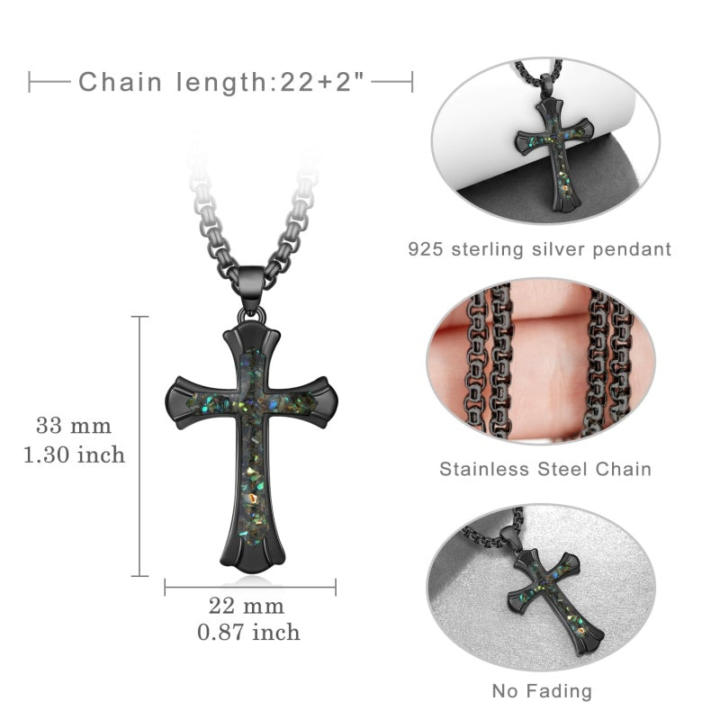 14K Gold Plated Turquoise Malachite Abalone Shell Cross Pendant Necklace for Men