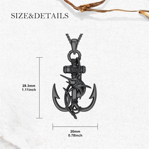 Sterling Silver Earth Swordfish Trident Compass Anchor Pendant Necklace