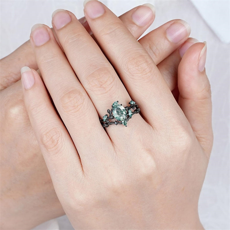Sterling Silver 10K 14K 18K Gold Vintage Nature Moss Agate Engagement Ring Sets for Women