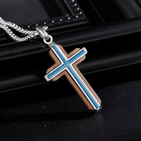 14K Gold Plated Wooden Abalone Shell Cross Pendant Necklacefor Men