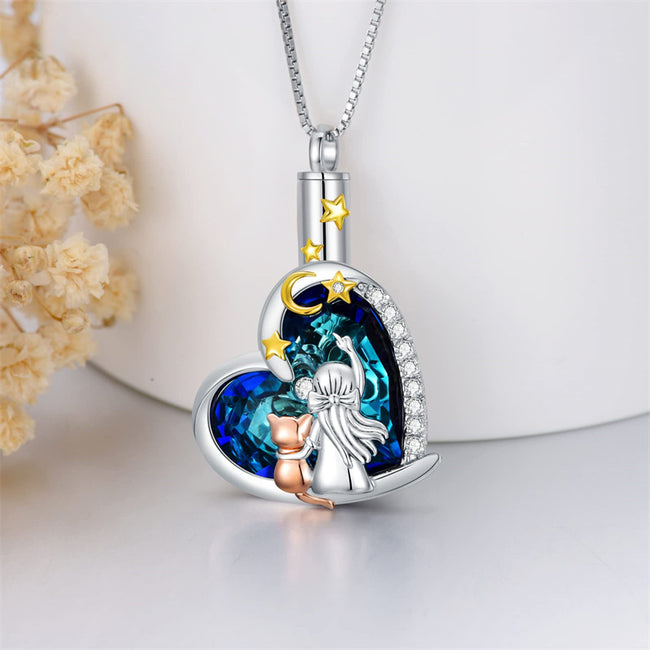 Cat&Girl Cremation Jewelry for Pet Ashes 925 Sterling Silver Pet Urn Necklace for Ashes Keepsake Memorial Ashes Necklaces