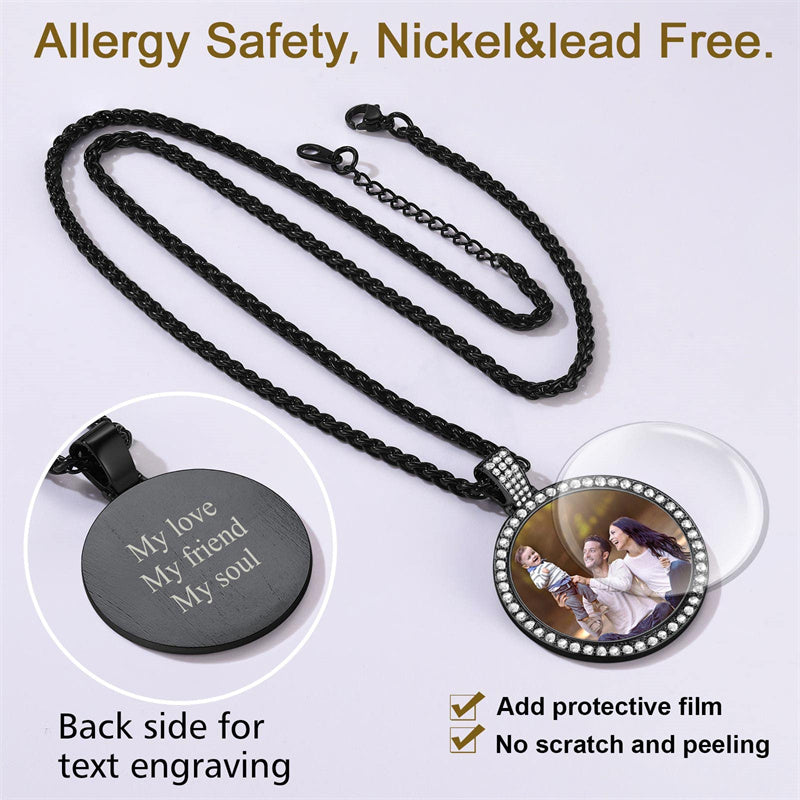 Copper Cubic Zirconia Round Personalized Photo Pendant Necklace