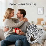 Sterling Silver Dragonfly Jesus Fish Adjustable Spoon Ring for Women