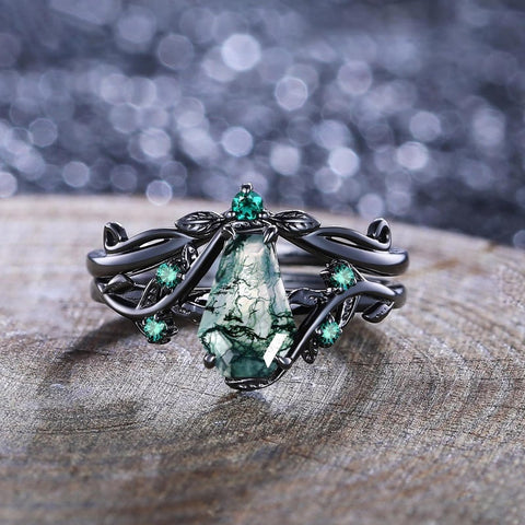 Sterling Silver 2CT Moss Agate  Engagement Wedding Ring Sets for Women