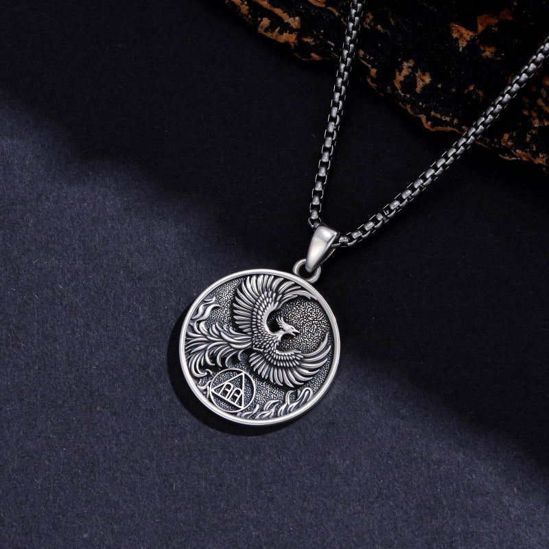 Sterling Silver Phoenix Rising Pendant Necklace NA/AA Sobriety Jewelry