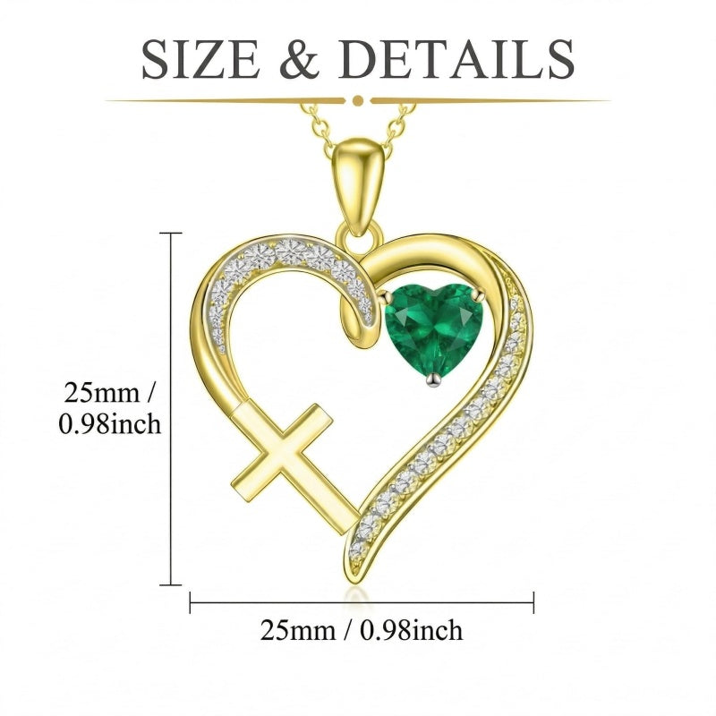 14K Gold  Plated 12 Months Birthstone  Heart Cross Pendant Necklace  for Women