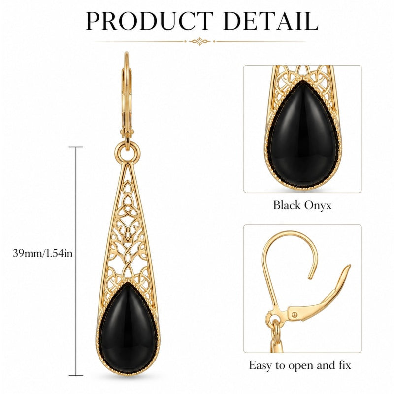 14K Gold Plated Black Onyx Tree of Life  Leverback Earrings Christmas Birthday Gift