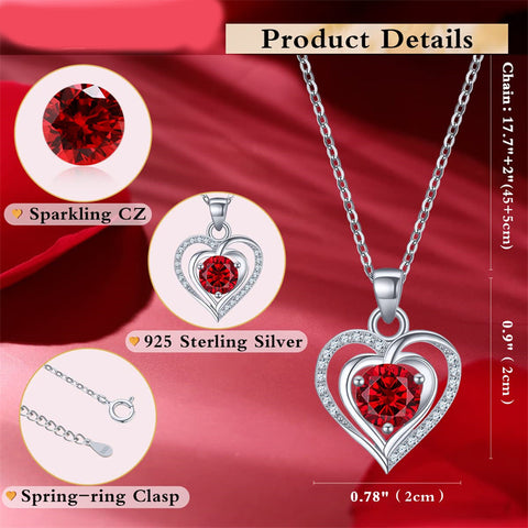 Heart Birthstone Pendant Necklace for Women 925 Sterling Silver Zirconia Necklaces Valentine's Mothers Day Gifts