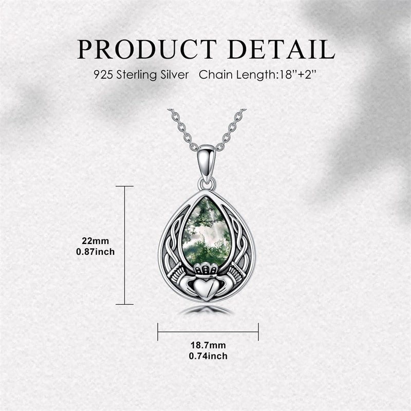 Sterling Silver Moss Agate Celtic Knot Rose Claddagh Filigree Pendant Necklace