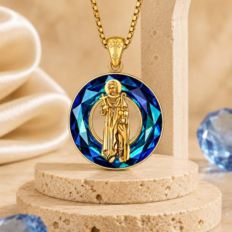 14K Gold Plated Blue Crystal Saint Protection Pendant Necklace Amulet Baptism Gift