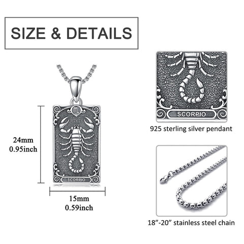 Sterling Silver Tarot Card 12 Zodiac Sign Pendant Necklace