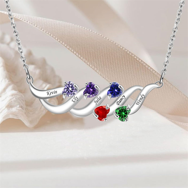 Sterling Silver Personalized Birthstone Name Wave Pendant Family Necklace