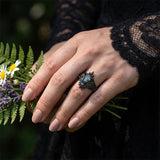 Sterling Silver 10K 14K  18K Gold Personalized Engraved Moss Agate Gothic Promise Wedding Engagement Black Ring Set