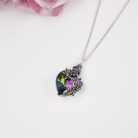 Sterling Silver Heart TearDangle Crystal Rose Cremation Urn Necklace for Ashes