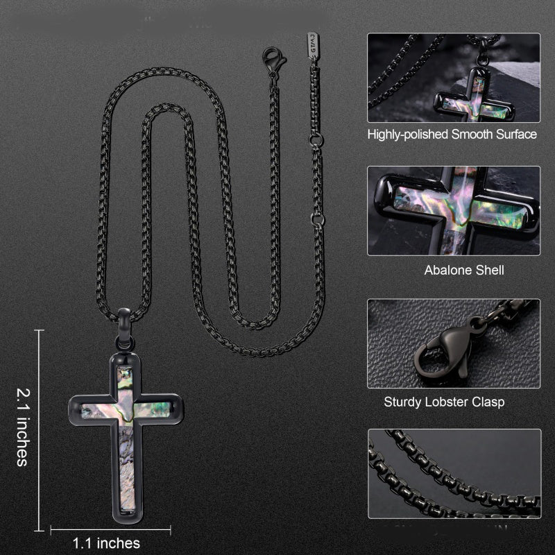 14K Gold Plated Wooden Abalone Shell Cross Pendant Necklacefor Men