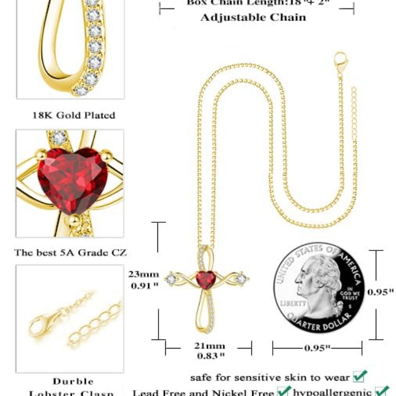 14K Gold Plated Heart Birthstone Infinity Religious Cross Pendant Necklace for Women