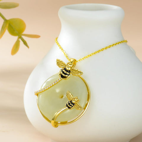 14K Gold Plated Natural Jade Hummingbird Cat Dragonfly Butterfly Bee Pendant Necklace for Women