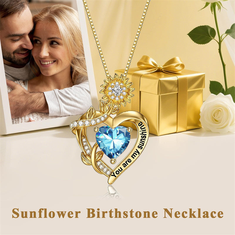 10K 14K 18K Gold  12 Months Birthstones Sunflower Pendant Necklace Engraved with You are My Sunshine