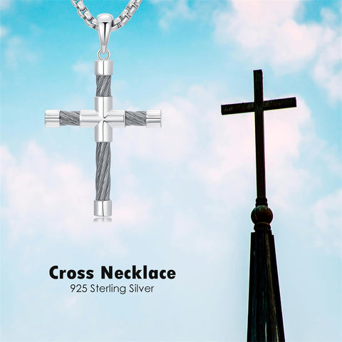 Sterling Silver Cross Christian Pendant Necklace for Men