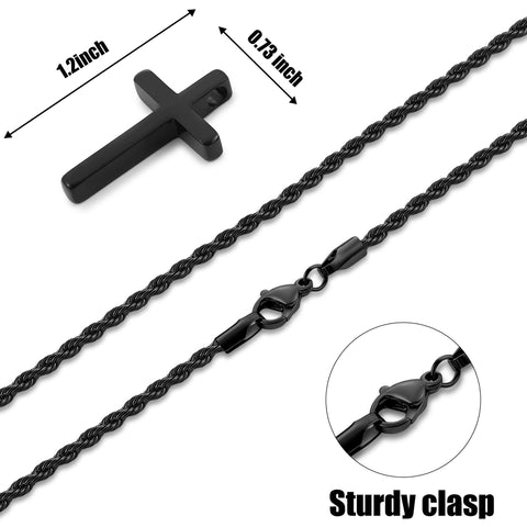Sterling Silver Cross Pendant Necklace with Stainless Steel 2.5mm Rope Chain