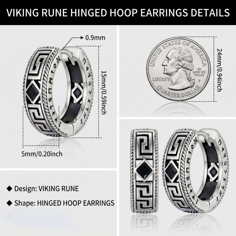14K Gold Plated  Cubic Zircon Norse Viking Runes Hoop Earrings Viking Jewelry Gift for Men