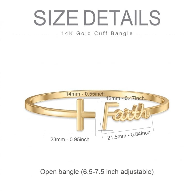 14K Gold  Plated Sideways Cross Bangle Cuff Bracelet Christian Jewelry for Women Inspiration Gift