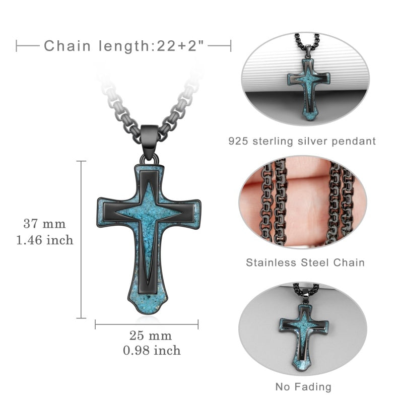 14K Gold Plated Turquoise Malachite Abalone Shell Cross Pendant Necklace for Men
