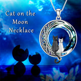 Cat Necklace Sterling Silver Cat on the Moon Pendant Necklace with Blue Circle Crystal Birthday Celtic Jewelry