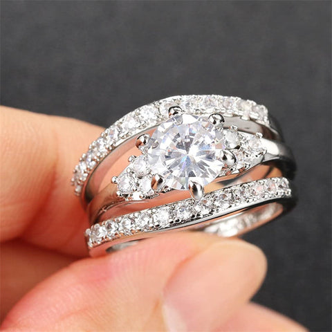 Copper Round Shaped Cubic Zirconia Three-in-One Eternity Engagement Wedding Band Ring Set