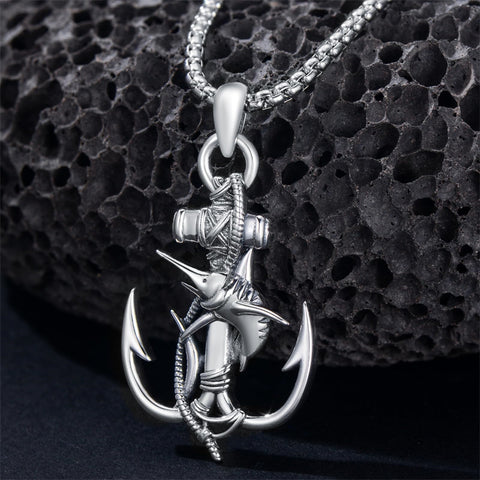 Sterling Silver Earth Swordfish Trident Compass Anchor Pendant Necklace