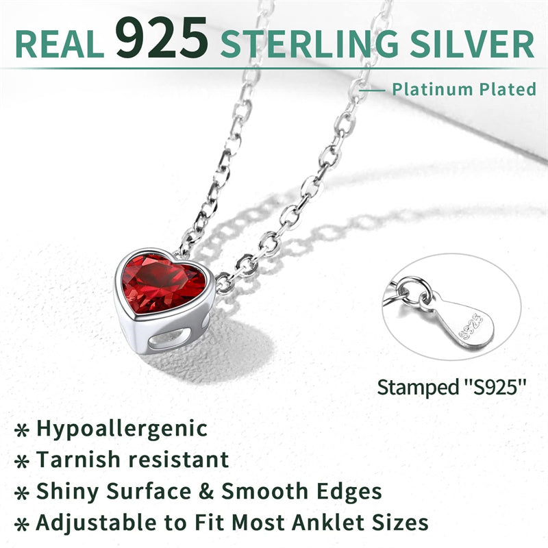 Sterling Silver Simple Dainty Round Heart Birthstone Single Layer Charm Anklet