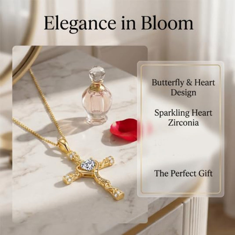 14K Gold Plated Heart Cut Cubic Zirconia Cross  Pendant Necklace For Women Religious Faith Jewelry