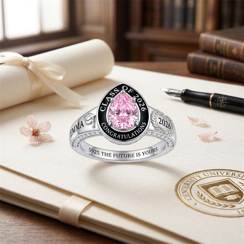 Sterling Silver Personalized Birthstone Engraved Class Ring for Women, Elegant Graduation Gift
