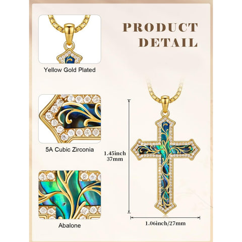 14K Gold Plated Turquoise  Abalone Shell Malachite Wood Filigree Cross Pendant Necklace