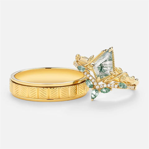 Sterling Silver10K 14K 18K Gold Natural Moss Agate Branch Leafy Engagement Ring Set For Couples