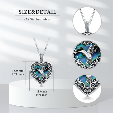 Sterling Silver Abalone Shell Heart Hummingbird Urn Locket Necklace for Ashes