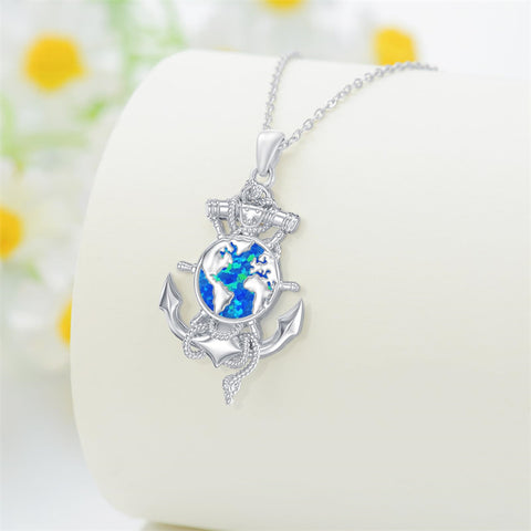 Sterling Silver Earth Swordfish Trident Compass Anchor Pendant Necklace