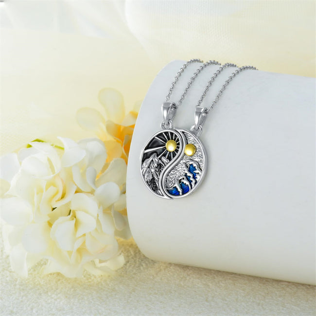 Yin Yang Couples Necklace 925 Sterling Silver Moon And Sun Matching Couples Pendant Mountain Wave Friendship BFF Matching Jewelry Gifts