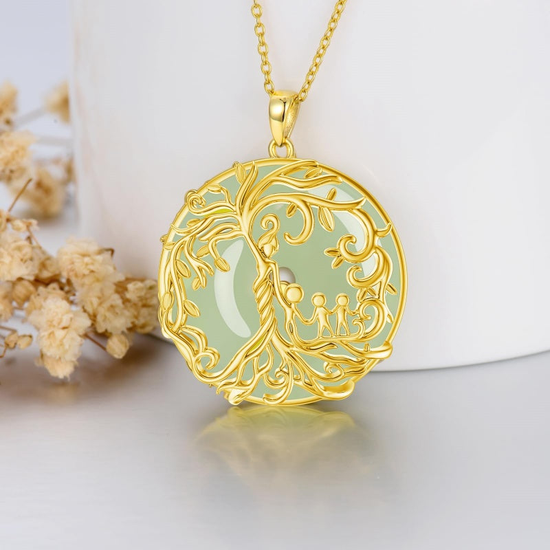 14k Gold Plated Sterling Silver Round Jade Tree of Life Necklace Good Fortune Jewelry for Women