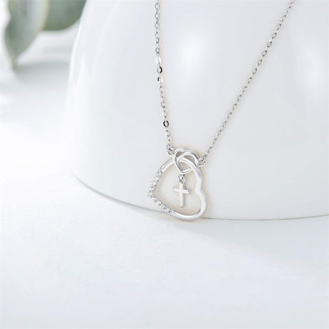 14K Real Gold Heart Necklace for Women,God in My Heart Faith Hope Love,Yellow/White Gold Cross Heart Pendant Necklace with Cubic Zirconia