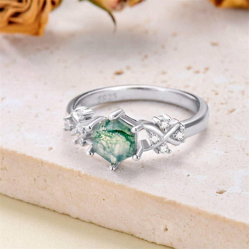 Sterling Silver 1ct Natural Moss Agate Engagement Ring