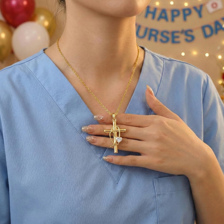 Stethoscope Cross 14K Gold Plated Pendant Necklace for Women Nurse Doctor Birthday Graduation Gift for Medical Student