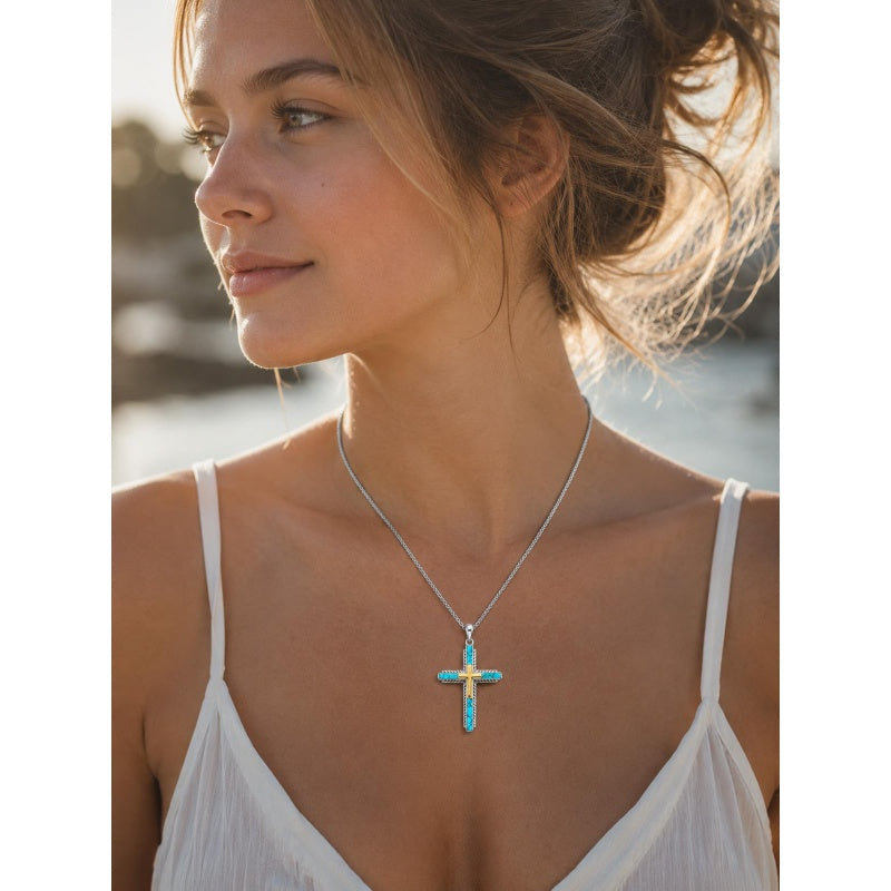 14K Gold Plated Two Tone Cross Pendant Necklace Christian Jewelry Religious Gift